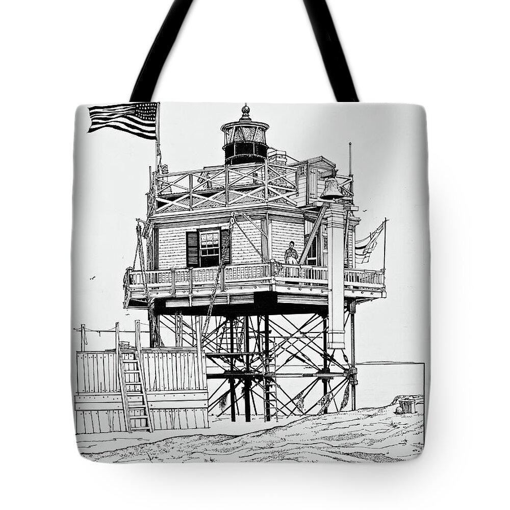 Boston Narrows Light Tote Bag featuring the drawing The Bug lighthouse by Ira Shander