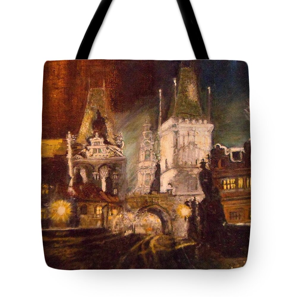 The Charles Bridge Tote Bag featuring the painting The Charles Bridge in Prague at Night by Greta Gartner