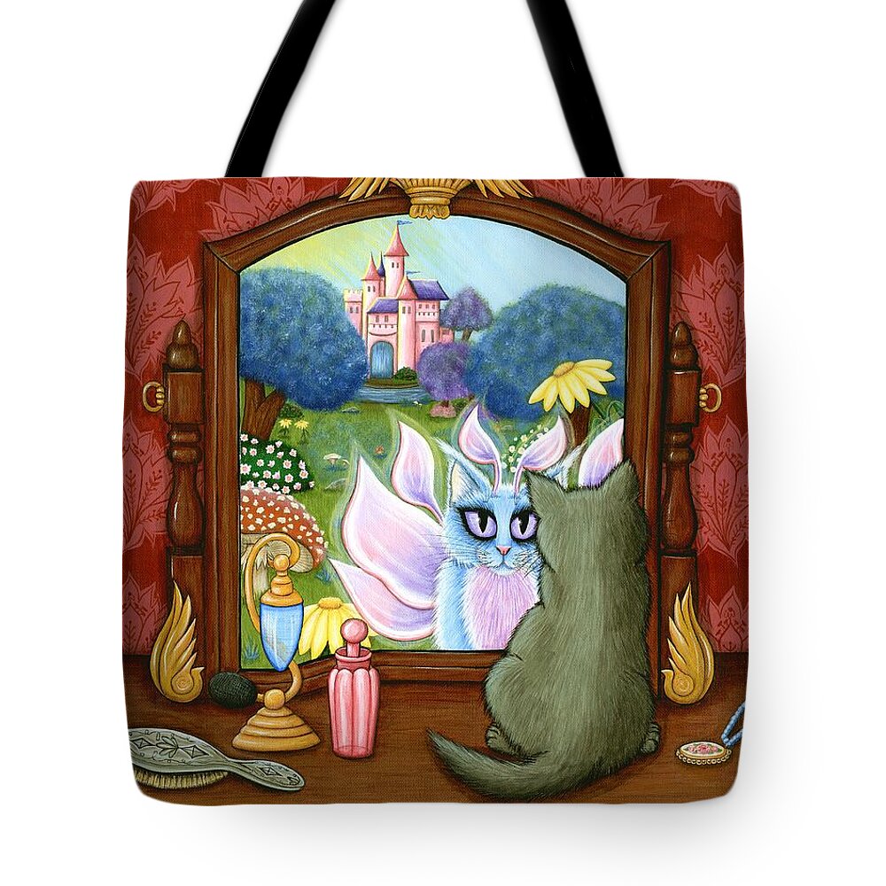 Winged Cat Tote Bag featuring the painting The Chimera Vanity - Cat Fantasy World by Carrie Hawks