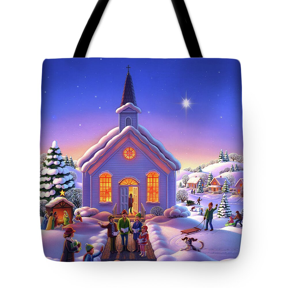 Christmas Scene Tote Bag featuring the painting The Christmas Carolers by Robin Moline