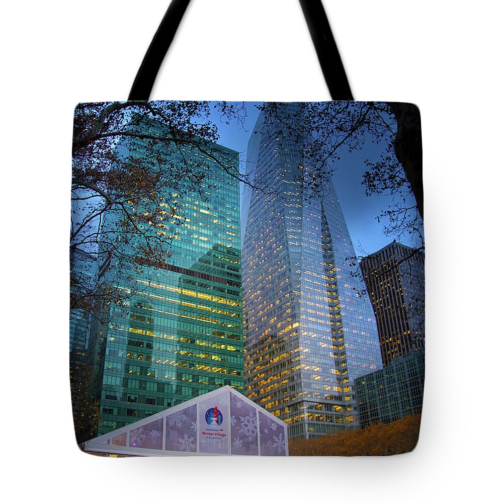 Bryant Park Christmas Market Tote Bag featuring the photograph The Christmas Village at Bryant Park by Mark Andrew Thomas