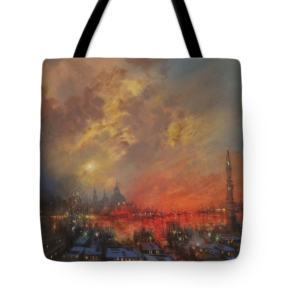  Atmospheric Painting Tote Bag featuring the painting The City In The Sea by Tom Shropshire