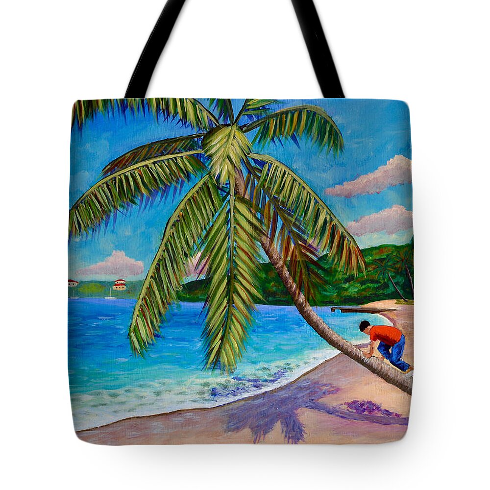Coconut Tree Tote Bag featuring the painting The Climb by Laura Forde