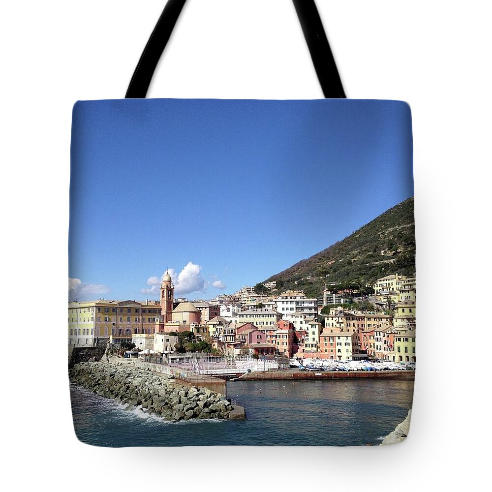 Genova Tote Bag featuring the photograph The colourful harbour in Genoa Nervi by Stefano Bagnasco