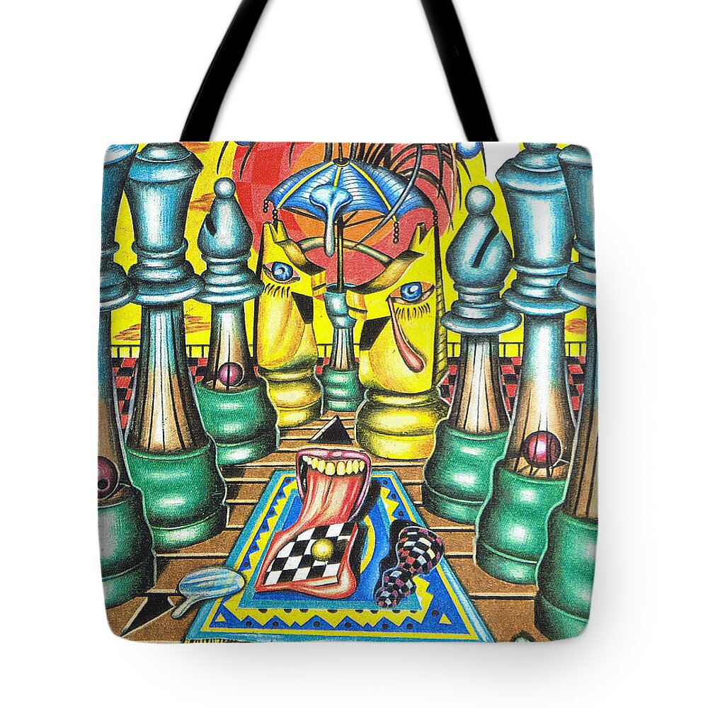 Chess Tote Bag featuring the drawing The Concealed Fate of an Imminent Surrender by Justin Jenkins