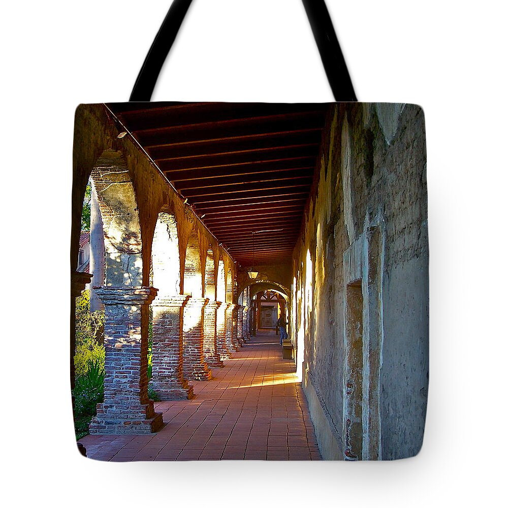 Corridor Tote Bag featuring the photograph The Corridor by the Serra Chapel San Juan Capistrano Mission California by Karon Melillo DeVega