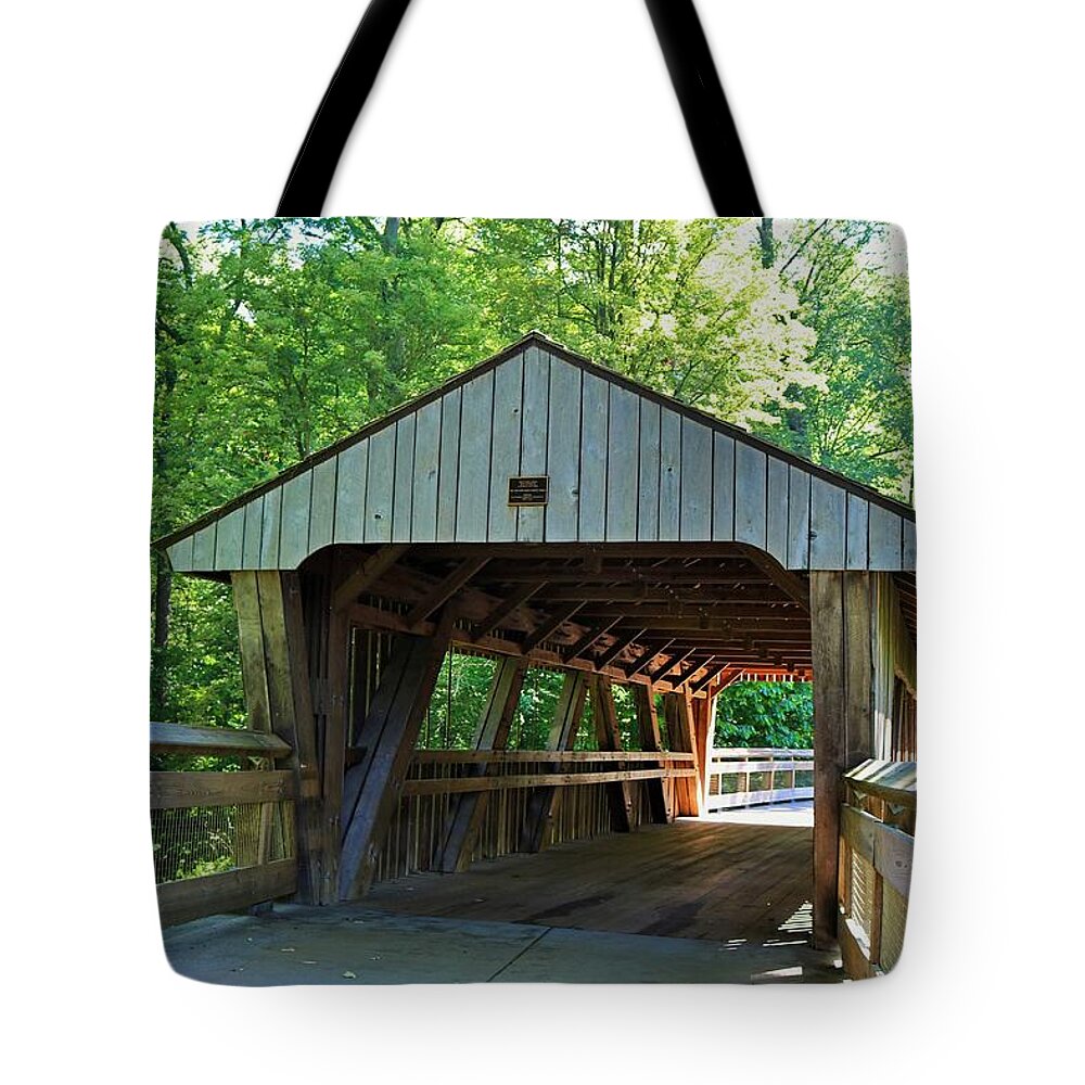 Wood Tote Bag featuring the photograph The Covered Bridge at Wildwood by Michiale Schneider