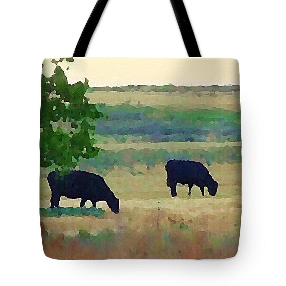 Animal Tote Bag featuring the mixed media The Cows Next Door by Shelli Fitzpatrick