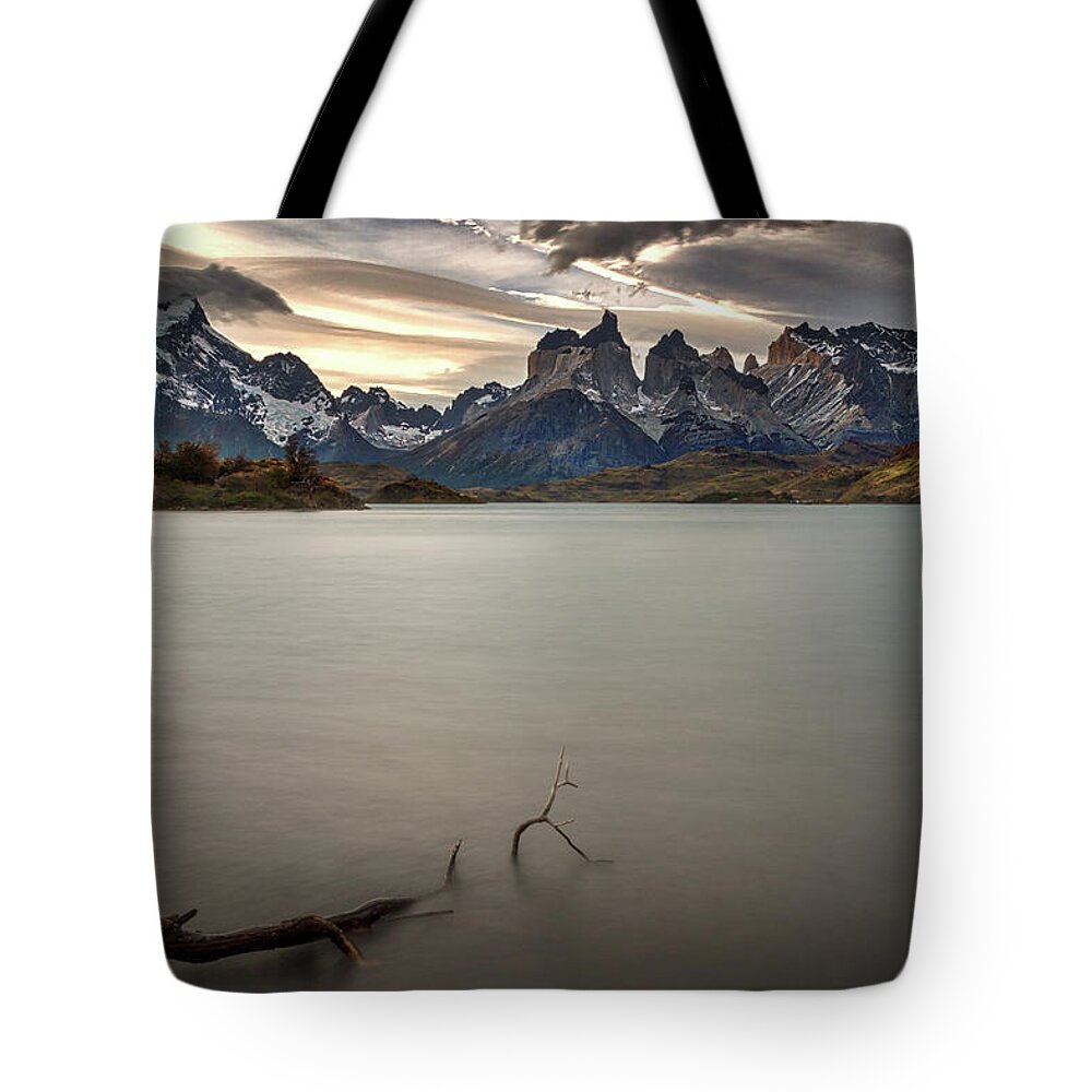 Patagonia Tote Bag featuring the photograph The Cuernos and Lake Pehoe #2 - Patagonia by Stuart Litoff