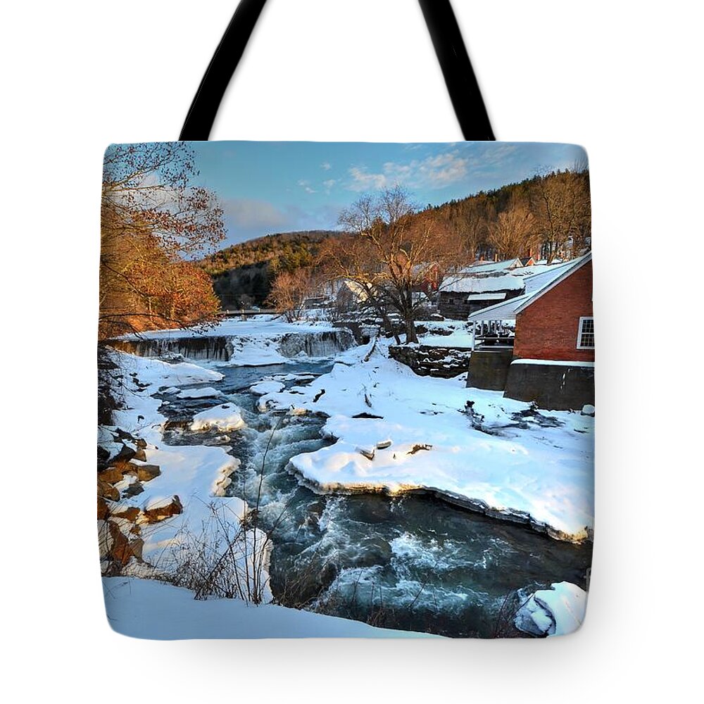 Snow Tote Bag featuring the photograph The Dam and the Blacksmith Shop by Steve Brown