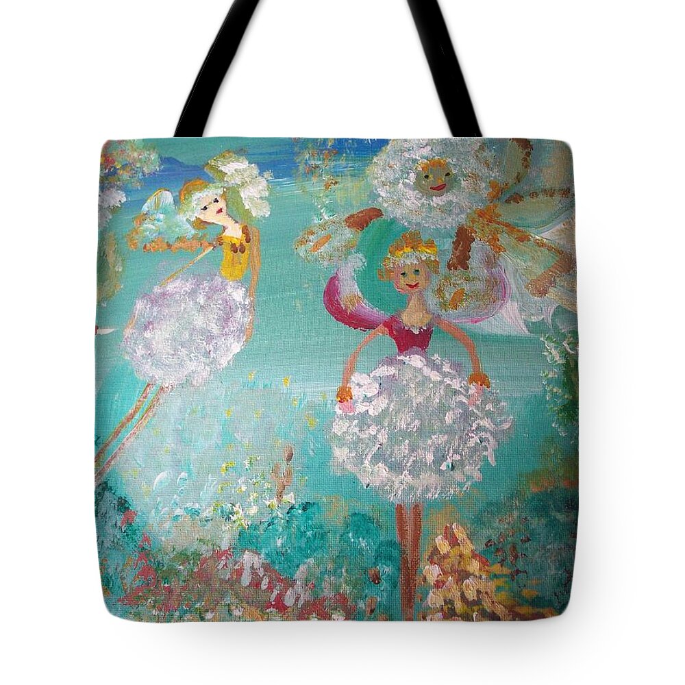 Fairy Tote Bag featuring the painting The Dandelion Fairies by Judith Desrosiers