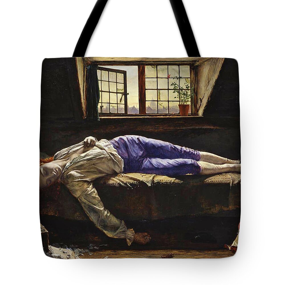 Henry Wallis - The Death Of Chatterton 1856. Young Beautiful Girl Tote Bag featuring the painting The Death of Chatterton by MotionAge Designs