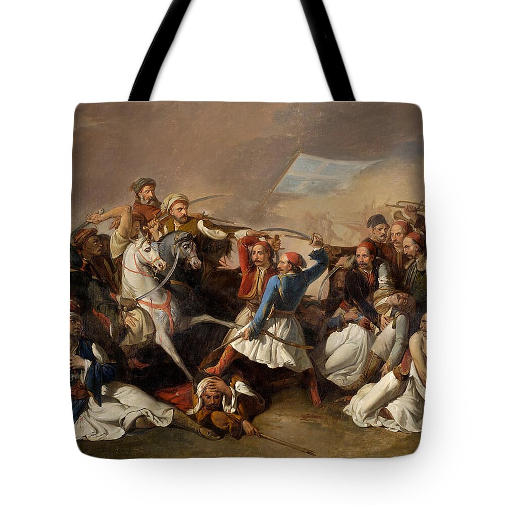 Filippo Marsigli Tote Bag featuring the painting The Death of Markos Botsaris by Filippo Marsigli