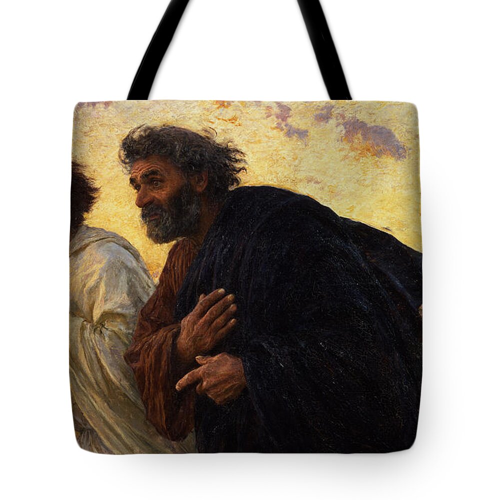 The Tote Bag featuring the painting The Disciples Peter and John Running to the Sepulchre on the Morning of the Resurrection by Eugene Burnand