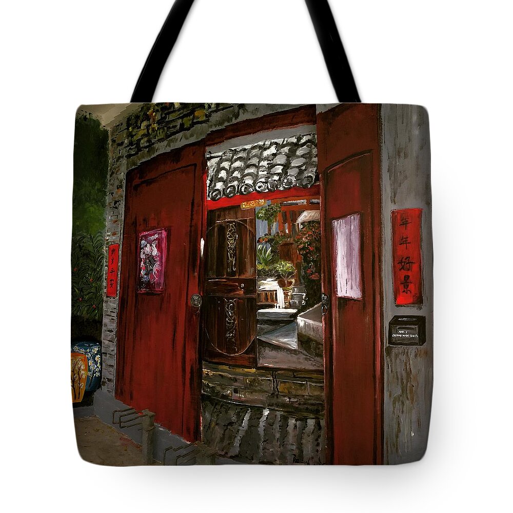 Door Tote Bag featuring the painting The Red Door by Belinda Low