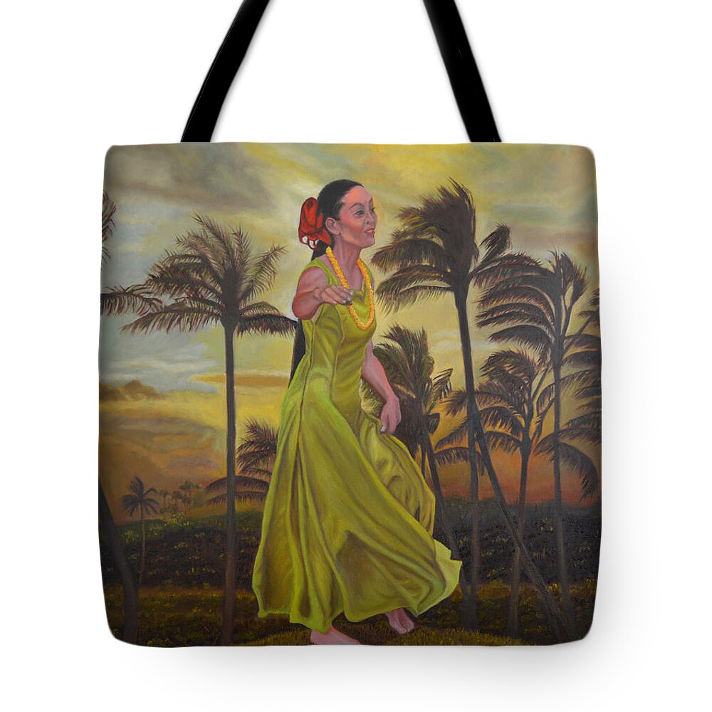 Hawaiian Hula Dancer Tote Bag featuring the painting The Green Dress by Thu Nguyen