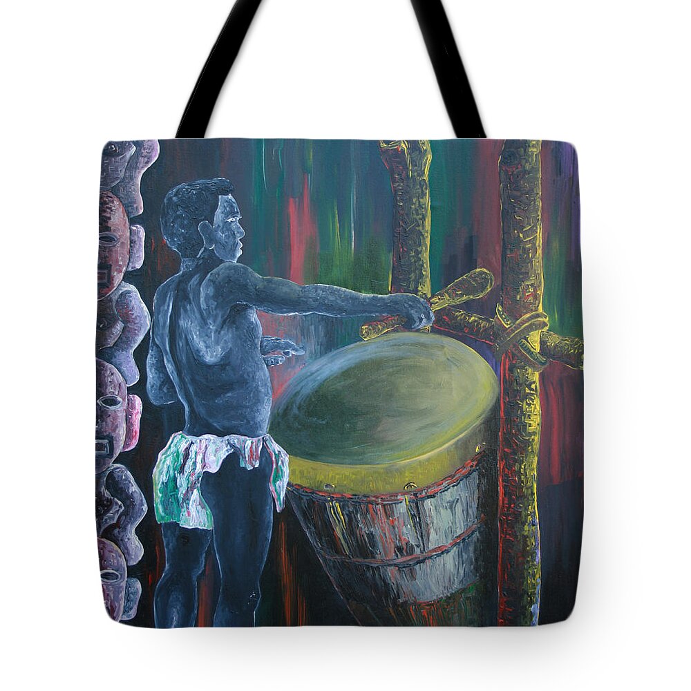 The Drummer Tote Bag featuring the painting The Drummer by Obi-Tabot Tabe