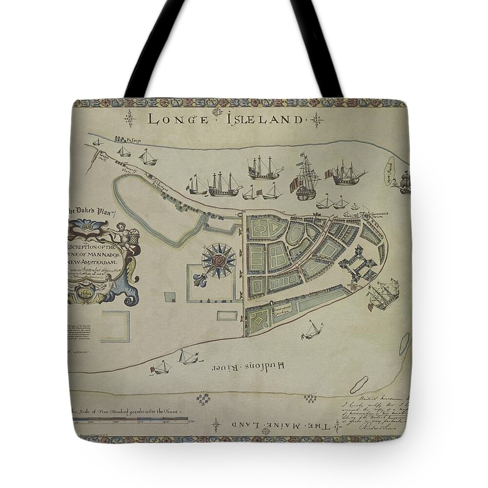 New Amsterdam Tote Bag featuring the photograph The Dukes Plan a Description of the Town of Mannados or New Amsterdam 1664 by Duncan Pearson