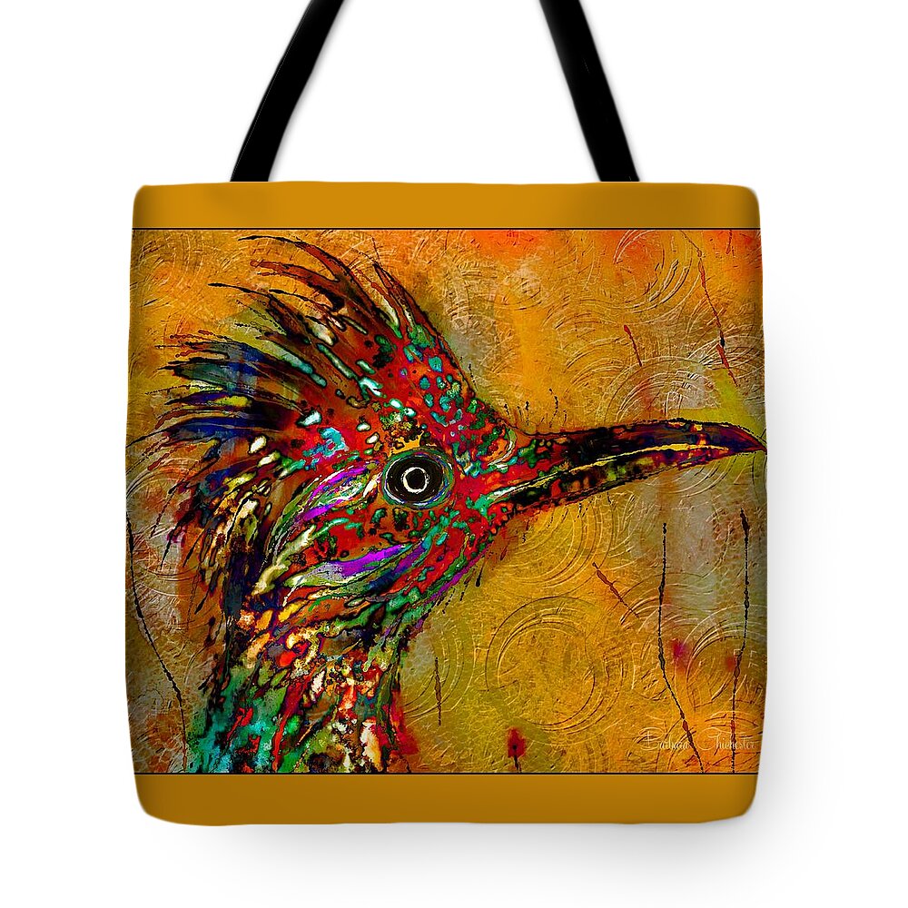 Roadrunner Tote Bag featuring the mixed media The Enchanted Roadrunner by Barbara Chichester