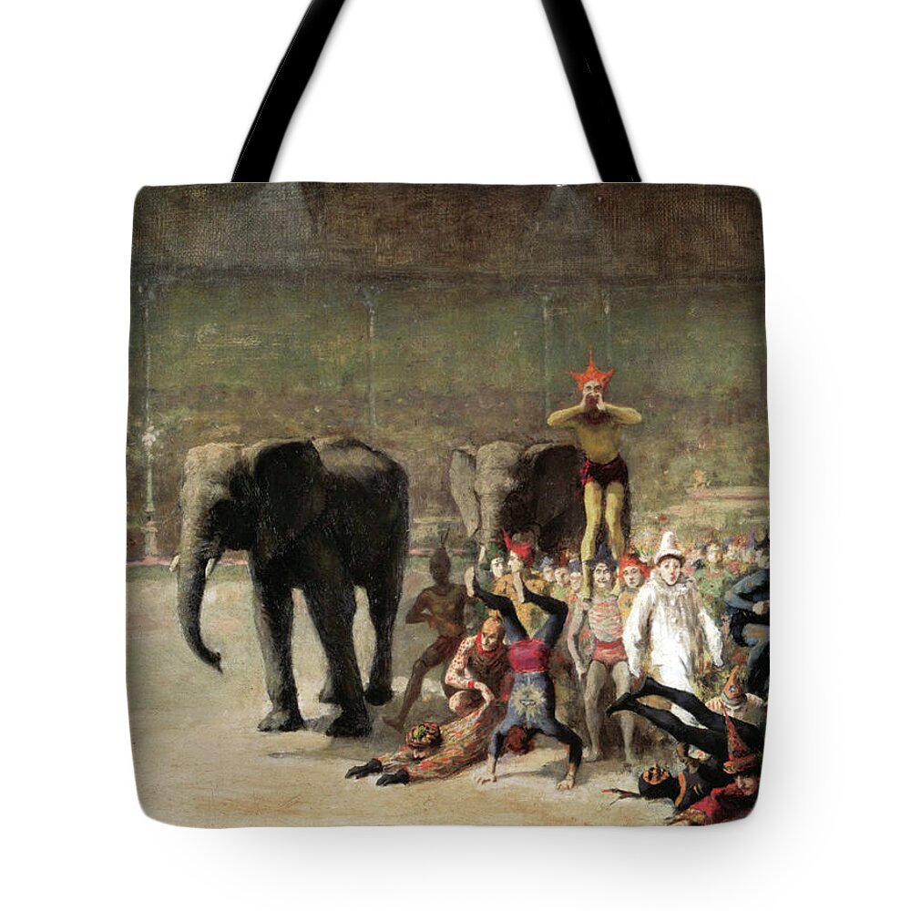 Émile Friant - The Entrance Of The Clowns 1881 Tote Bag featuring the painting The Entrance of the Clowns by emile Friant