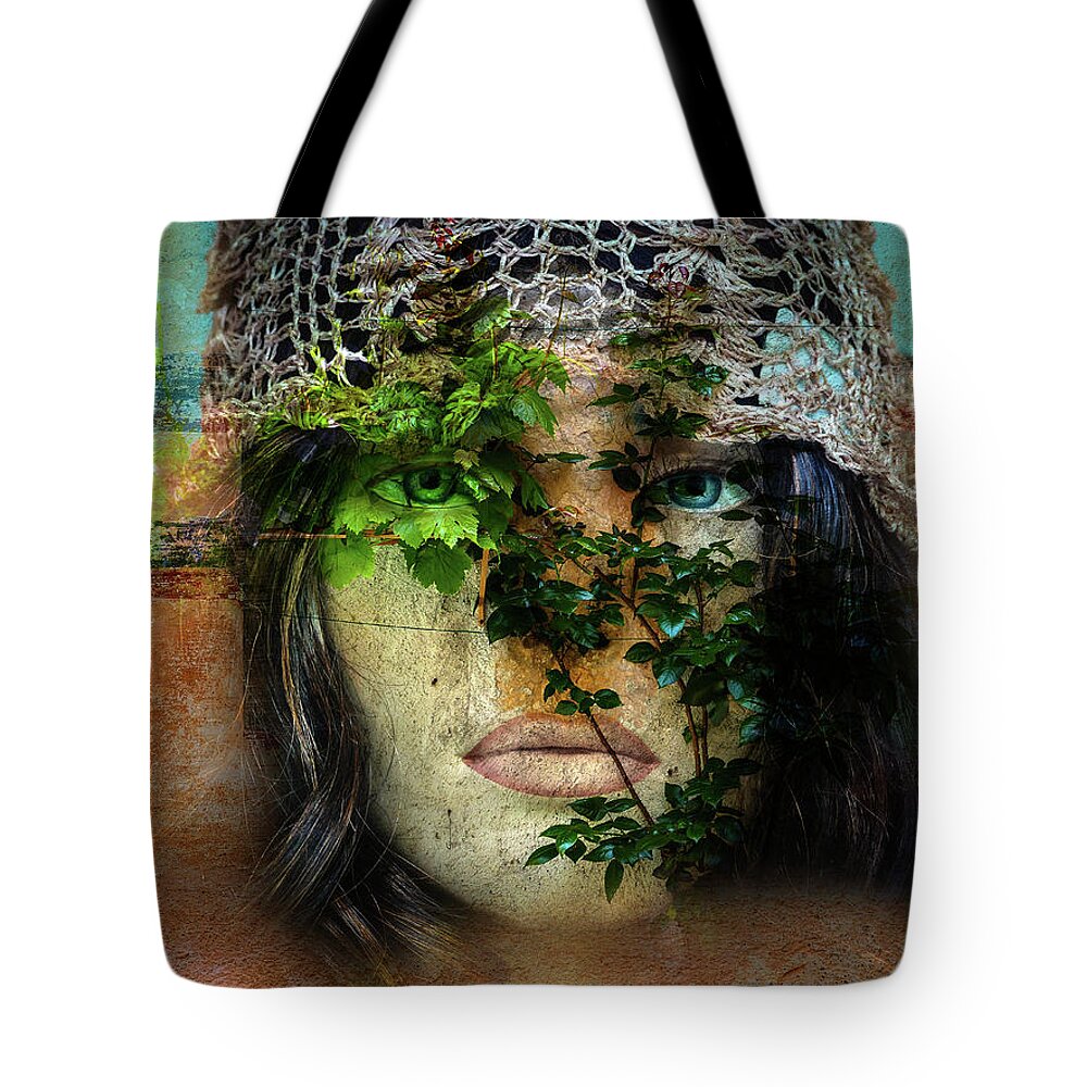 Face Tote Bag featuring the digital art The face with the green leaves by Gabi Hampe