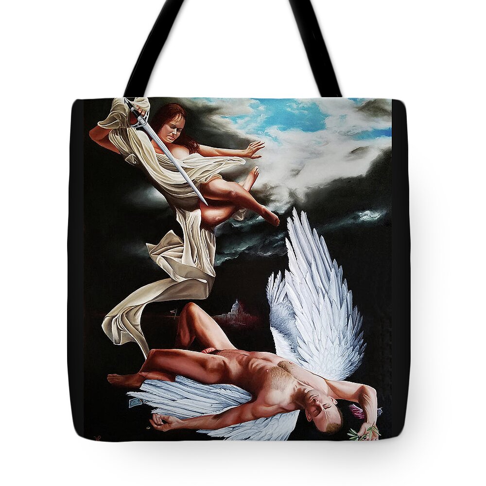 Angels Tote Bag featuring the painting The Fallen by Vic Ritchey