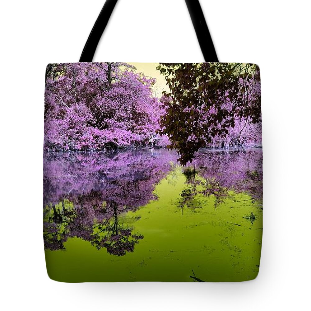 Fantasy Tote Bag featuring the mixed media The Fantasy Pond by Stacie Siemsen