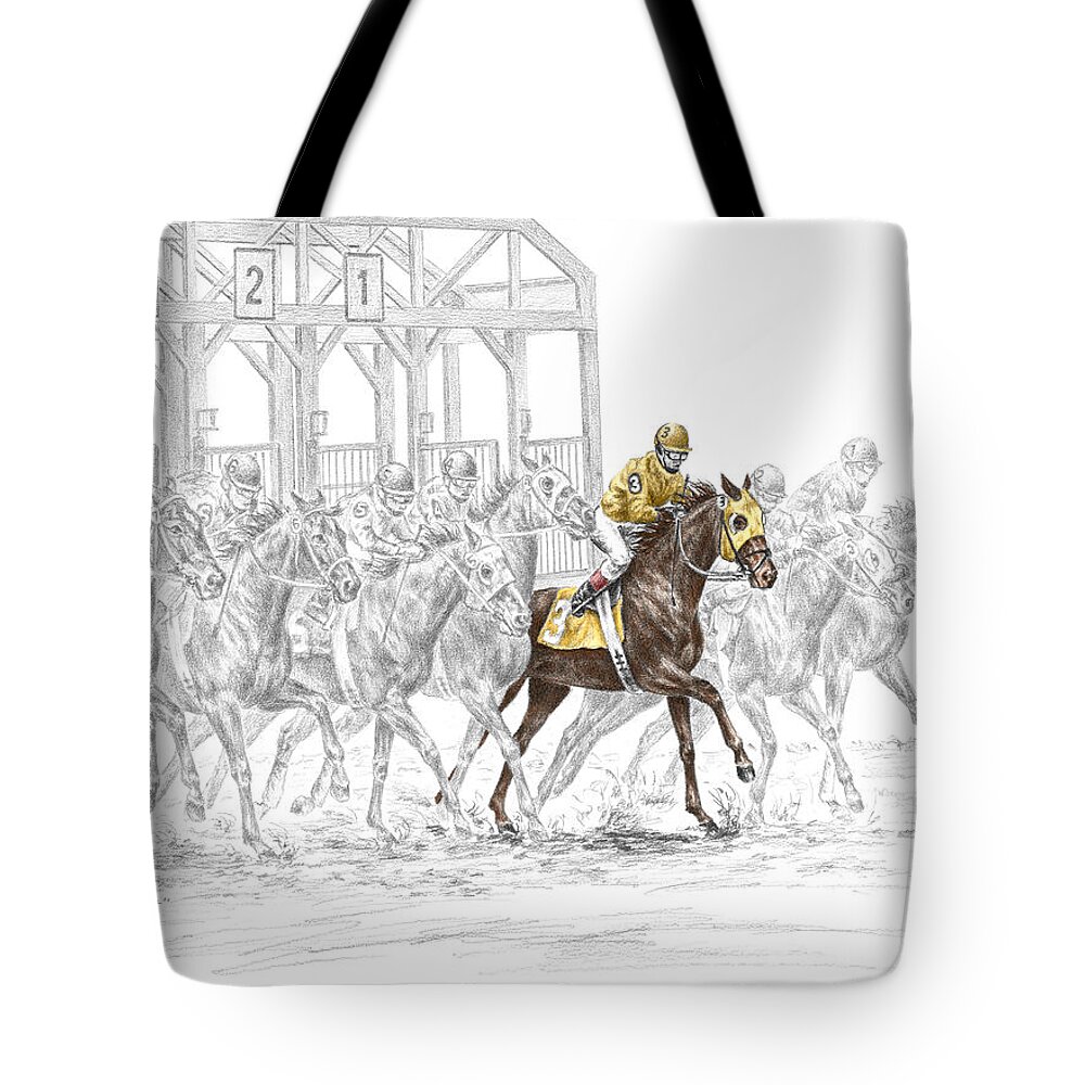 Tb Tote Bag featuring the drawing The Favorite - Thoroughbred Race Print color tinted by Kelli Swan