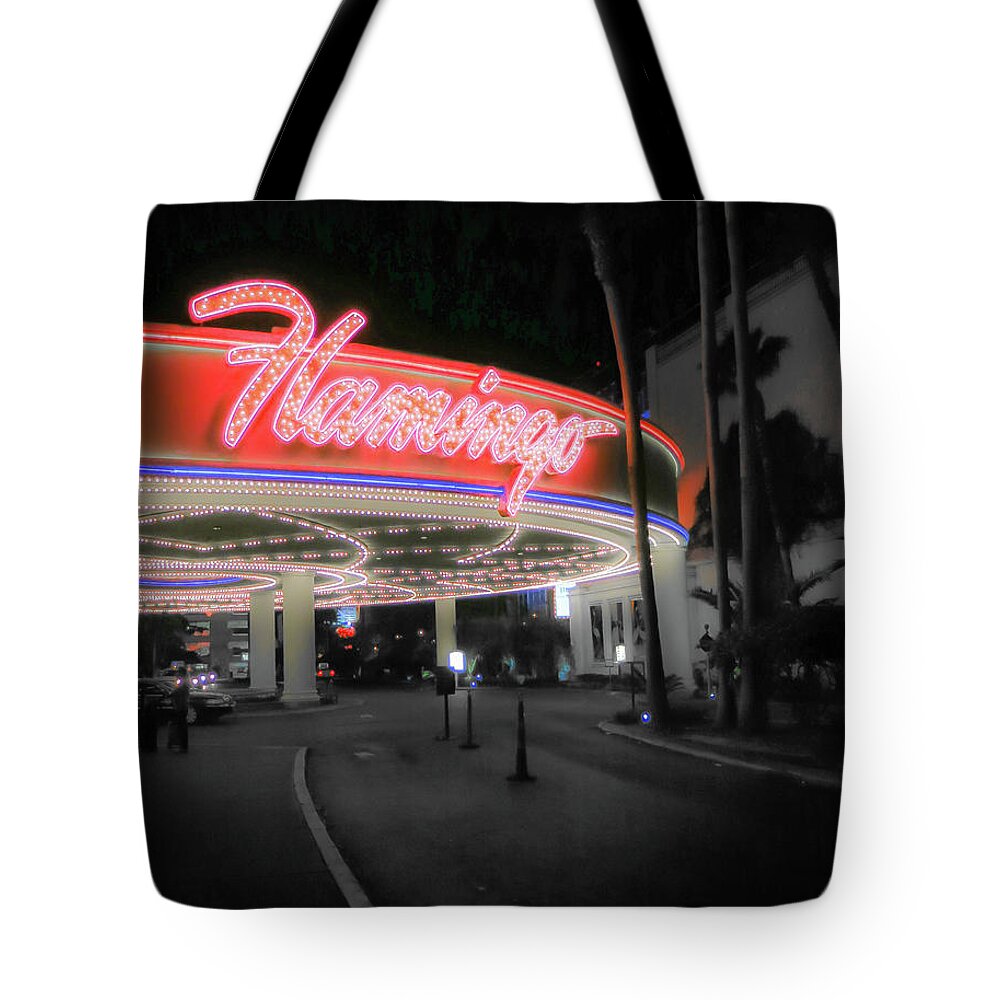 Casino Neon Sign Lights Night City Vegas Nevada Tote Bag featuring the photograph The Flamingo by Ross Henton