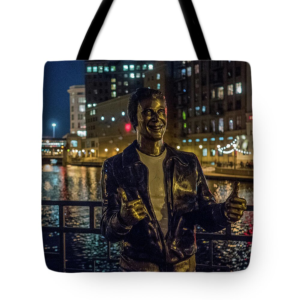 Milwaukee Downtown Tote Bag featuring the photograph The Fonz by Kristine Hinrichs