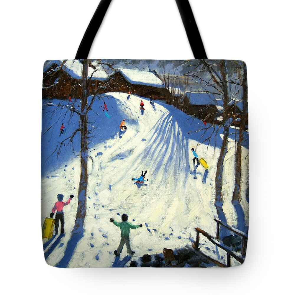 Sledging Tote Bag featuring the painting The footbridge by Andrew Macara