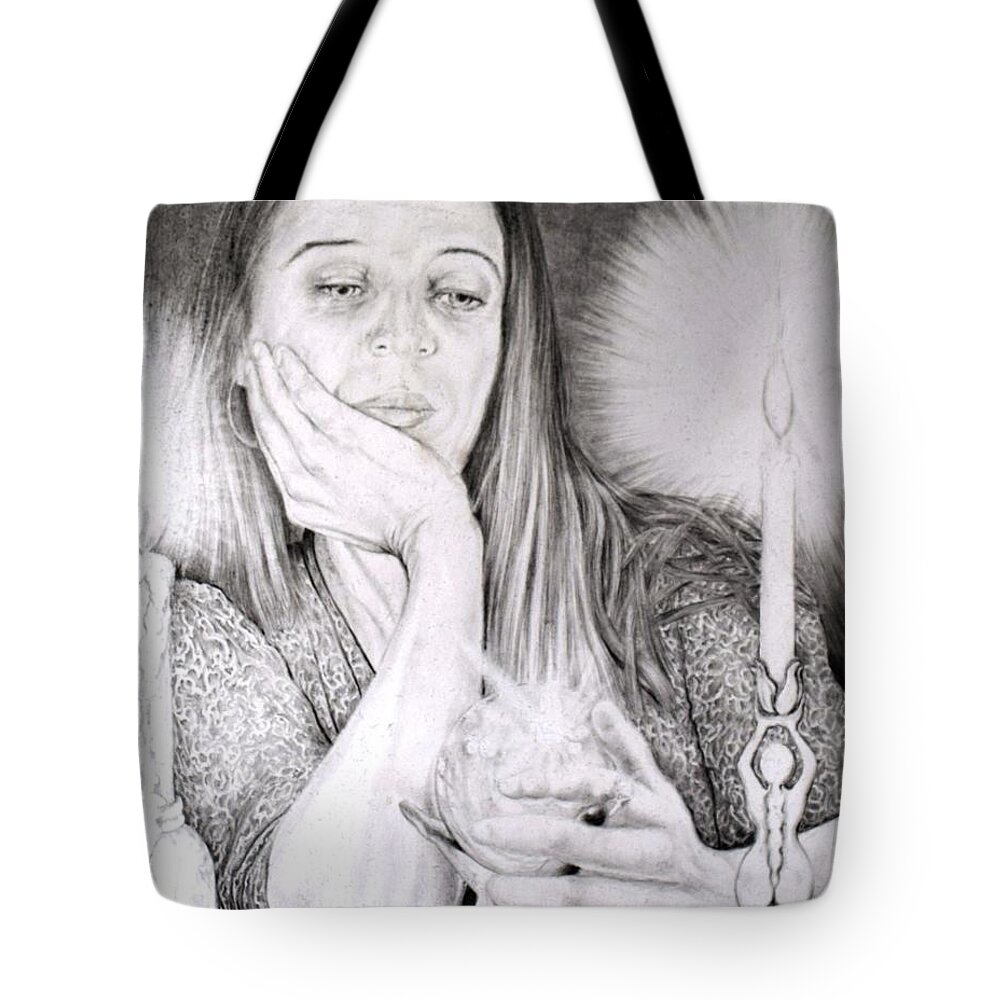 Woman Tote Bag featuring the drawing The Fortune Teller by James Oliver