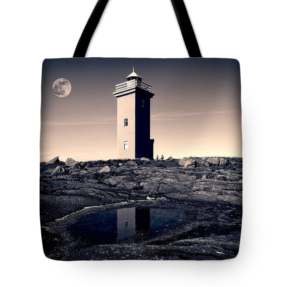 Nature Tote Bag featuring the painting The Full Worm Moon over Keflavik, Iceland by Celestial Images