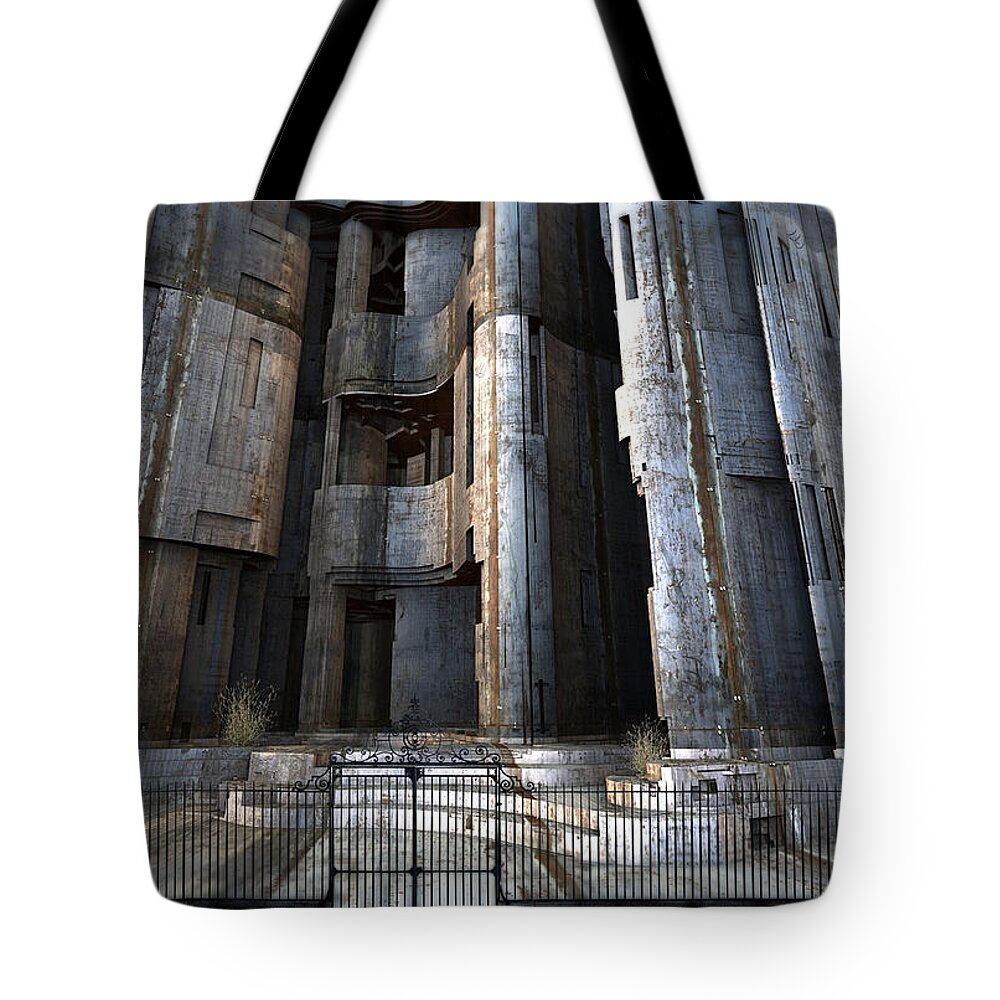 Sciencefiction Scifi Grunge Dystopian Architecture Building Fractal Fractalart Mandelbulb3d Mandelbulb Tote Bag featuring the digital art The Garment District Project by Hal Tenny