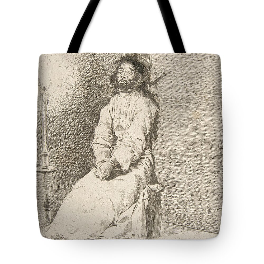 Spanish Art Tote Bag featuring the relief The garroted man by Francisco Goya