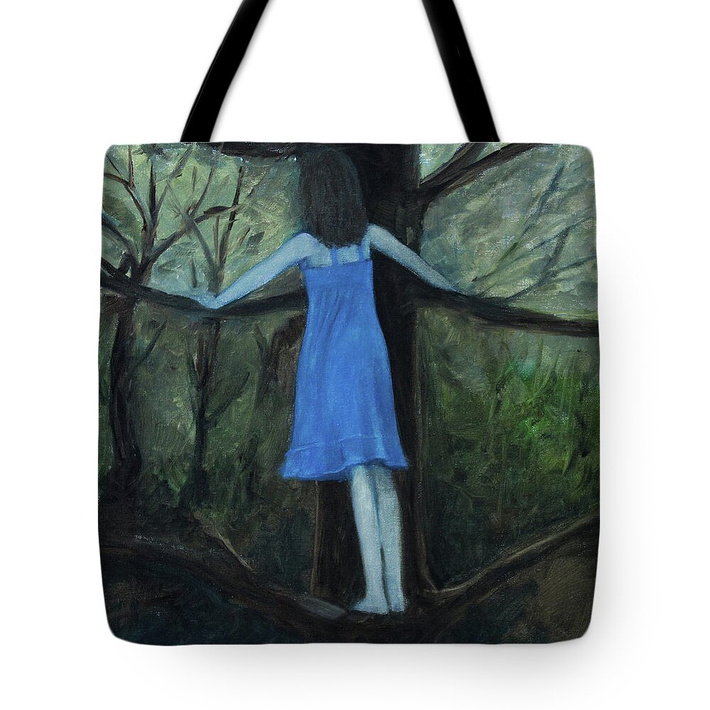 Girl Tote Bag featuring the painting The Girl in the Blue Dress by Tone Aanderaa