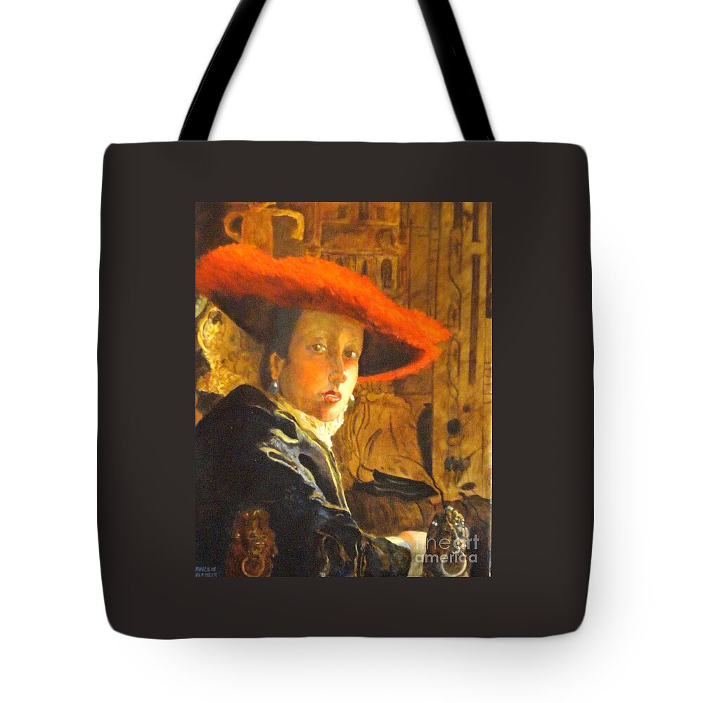 Masterworks Copy Tote Bag featuring the painting THE GIRL WITH THE RED HAT after Jan Vermeer by Dagmar Helbig