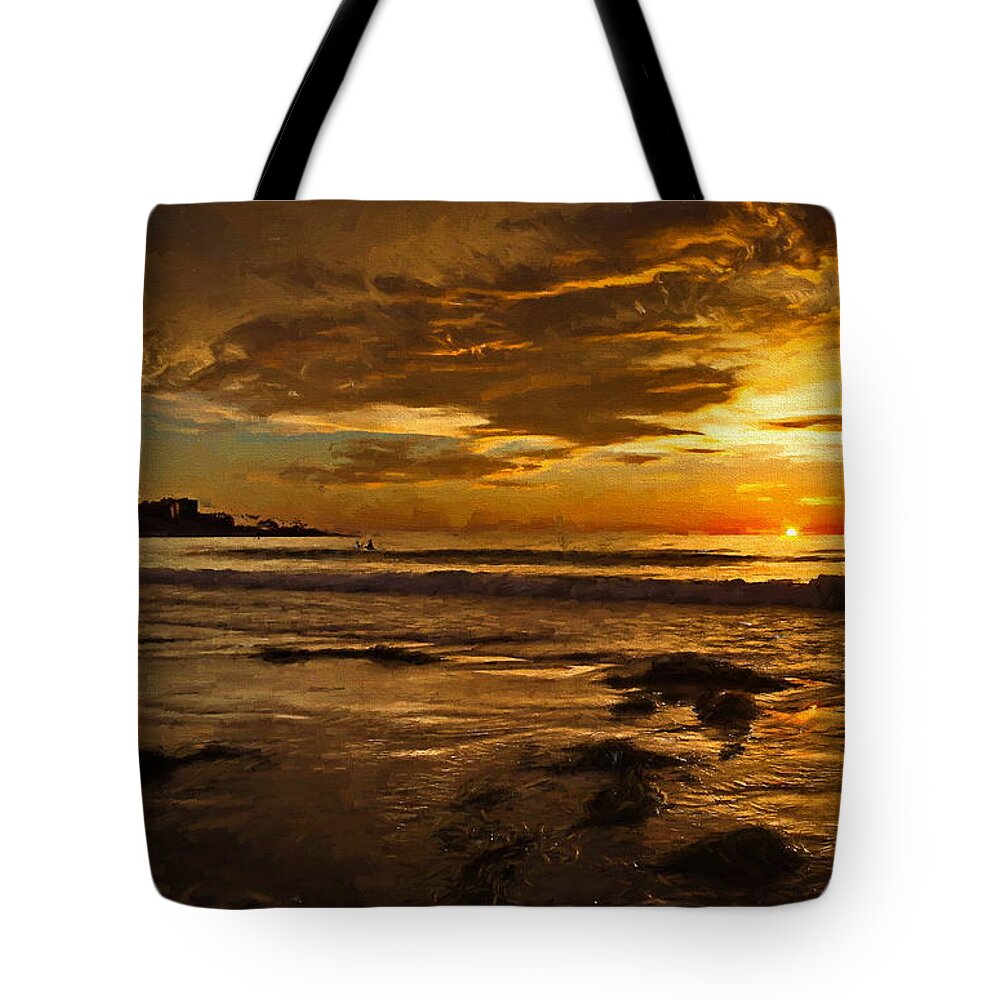 La Jolla Shores Tote Bag featuring the painting The Golden Hour At La Jolla Shores by Russ Harris