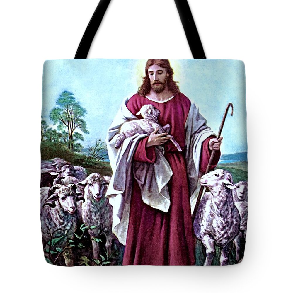 Good Shepherd Tote Bag featuring the painting The Good Shepherd 1878 Bernhard Plockhorst by Movie Poster Prints