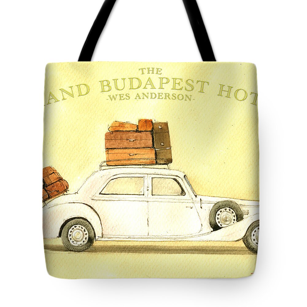 Wes Anderson Art Tote Bag featuring the painting The grand budapest hotel watercolor painting by Juan Bosco