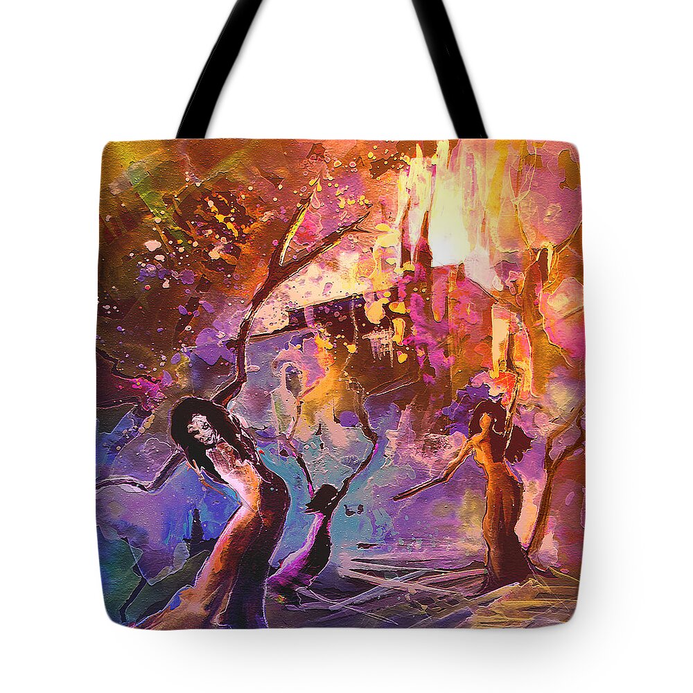 Fantascape Tote Bag featuring the painting The Great Fire of Woman by Miki De Goodaboom