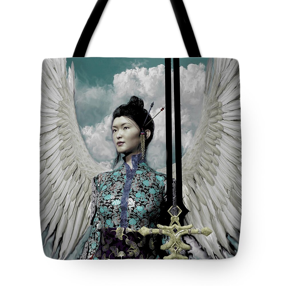 Asian Angel Tote Bag featuring the painting The Guardian 2 by Suzanne Silvir