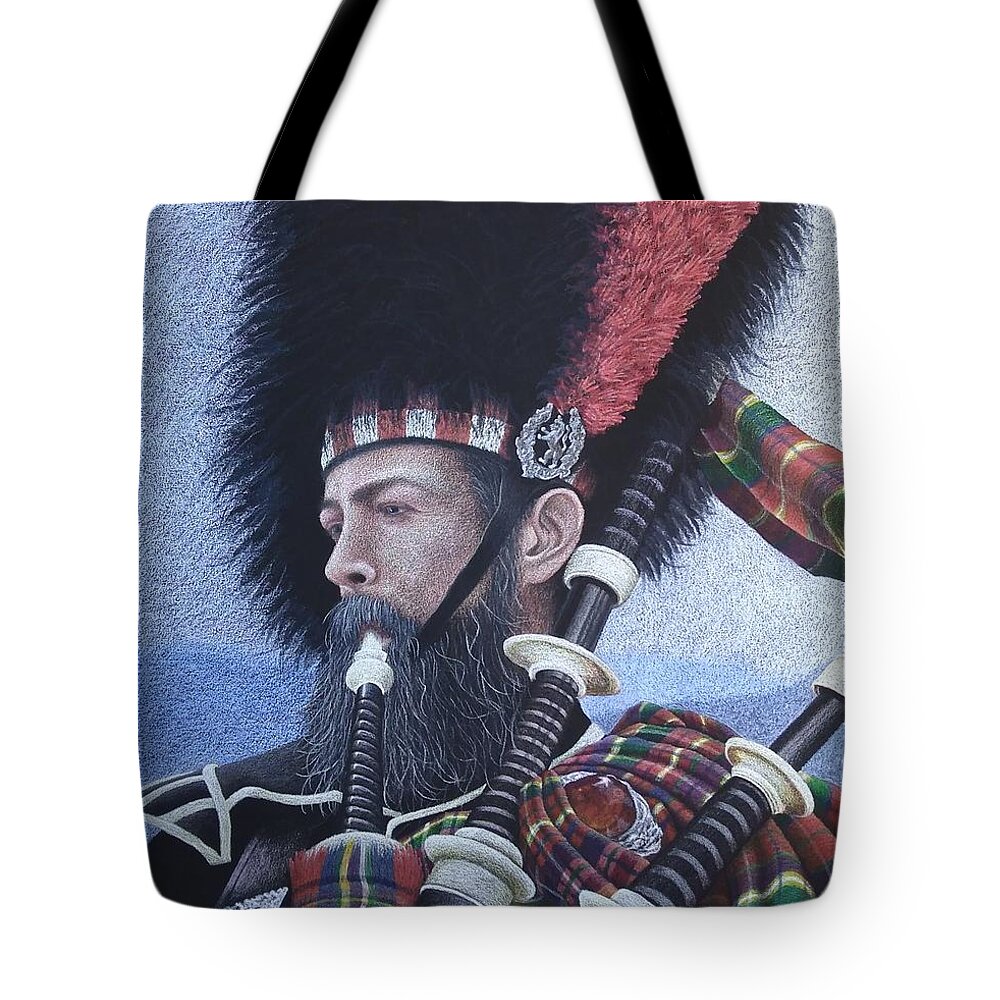 Scotland Tote Bag featuring the drawing The Highlander SOLD prints available by Lisa Bliss Rush