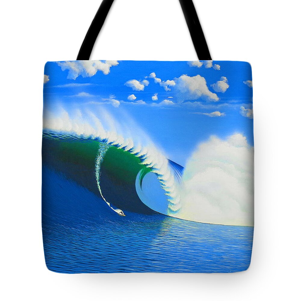 Surfing Tote Bag featuring the painting Cortes 100-Foot Barrel by John Kaelin