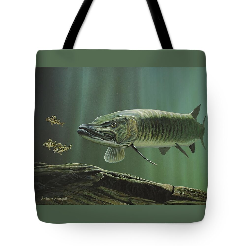 Musky Tote Bag featuring the painting The Hunter - Musky by Anthony J Padgett