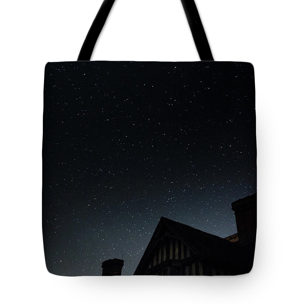 Astro Tote Bag featuring the photograph The Iconic Front Porch in the Night Sky, Great Dixter by Perry Rodriguez