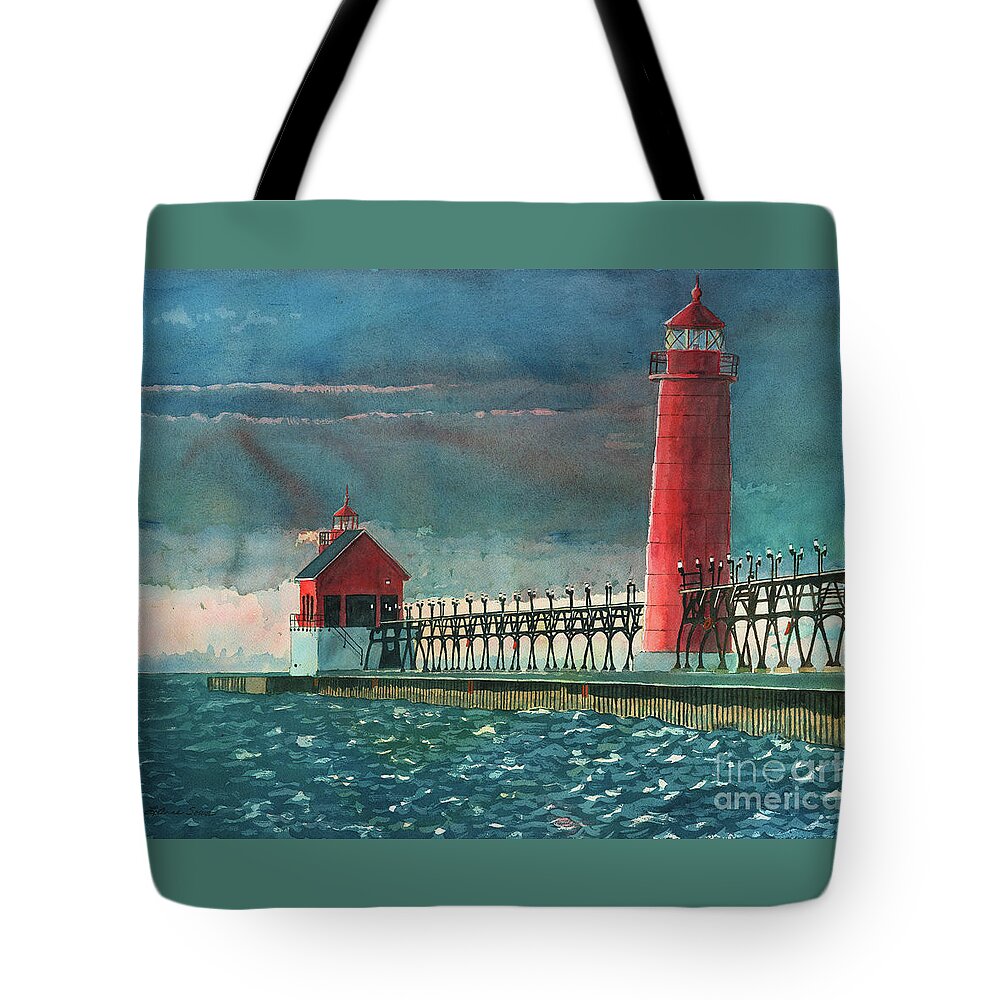 Lighthouses Tote Bag featuring the painting The Impending Storm by LeAnne Sowa