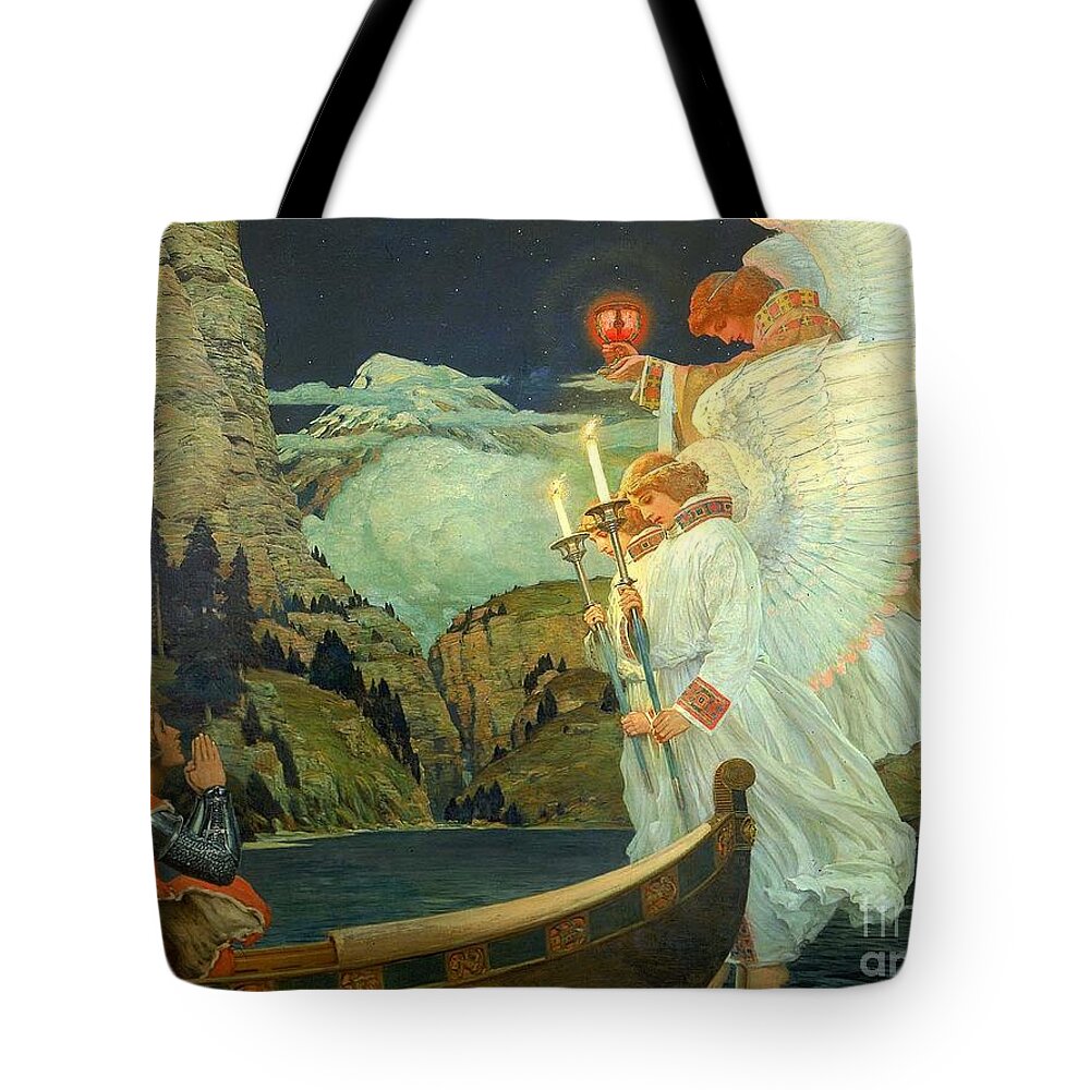 Frederick J. Waugh - The Knight Of The Holy Grail Tote Bag featuring the painting The Knight of the Holy Grail by MotionAge Designs