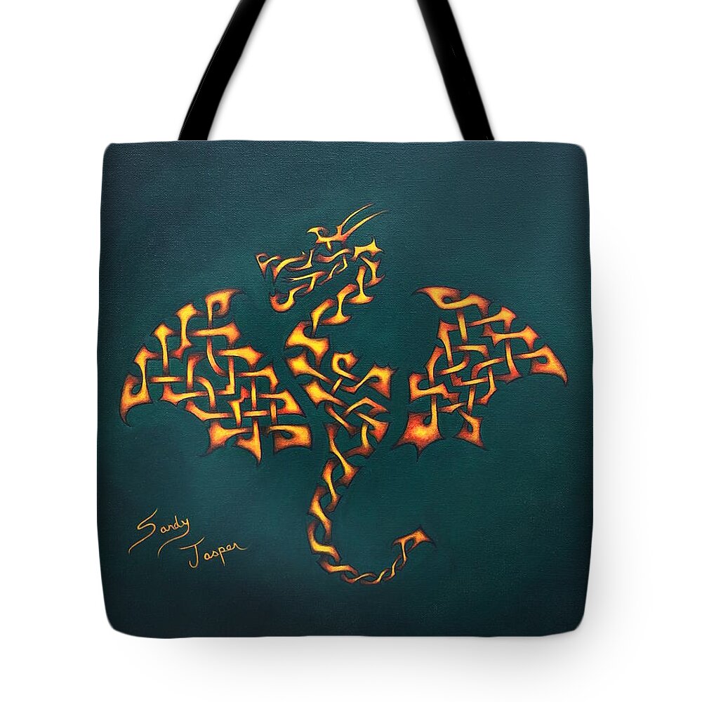 Dragon Tote Bag featuring the painting The Knotty Fire Dragon by Sandy Jasper