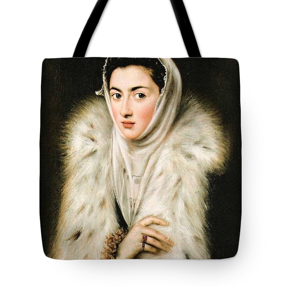 Greco - The Lady With An Ermine 1576-1577 Tote Bag featuring the painting The Lady with an Ermine by MotionAge Designs